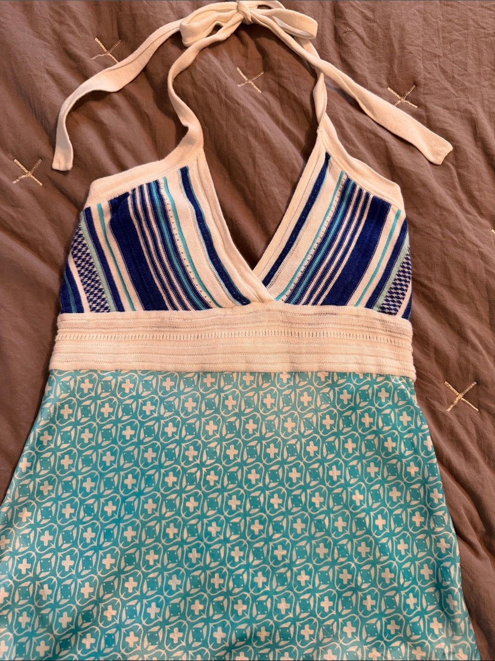Trina Turk White Halter Top with Turquoise & Blue Accents